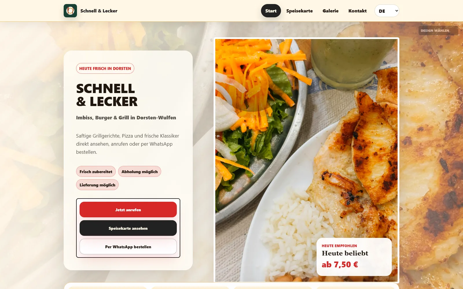 Screenshot des Schnell & Lecker Webdesigns von Dinevio auf Desktop und Smartphone.