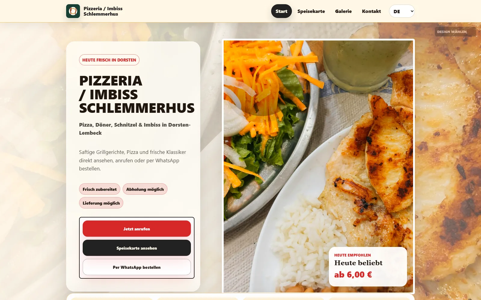 Screenshot des Schlemmerhus Demo Webdesigns von Dinevio auf Desktop und Smartphone.